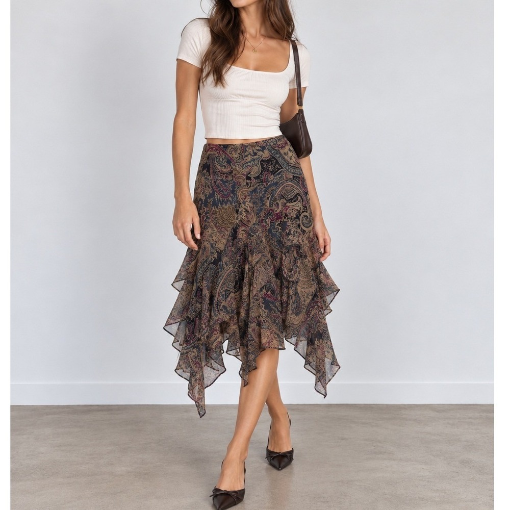 Lauren Ralph Lauren Silk Paisley Ruffle Handkerchief Hem Midi Skirt Blue Small